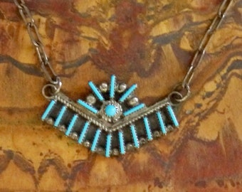 Zuni Sterling Silver Needlepoint Turquoise Necklace, Signed