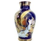 Cobalt Blue Japanese Satsuma Cobalt Blue Vase, 1960 39 s Vintage Peacock Garden Handpainted 24k Gold Detailing