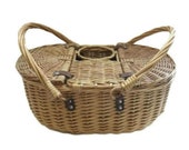 Vintage Wicker Picnic Basket Wine Bottle Carrier Tote, Vintage Wicker Picnic Basket, Leather hinges, Dual lid