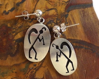 Navajo Sterling Silver Dangle Earrings with Kokopelli Flute Player Design