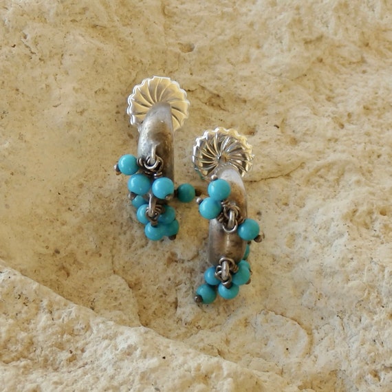 Native American Coin Silver Turquoise Bead Hoop E… - image 2