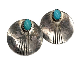 Native American Tooled Sterling Silver Turquoise Vintage Earrings