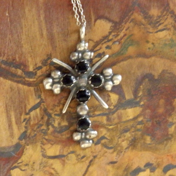 Native American Sterling Silver Onyx Cross Pendant Necklace