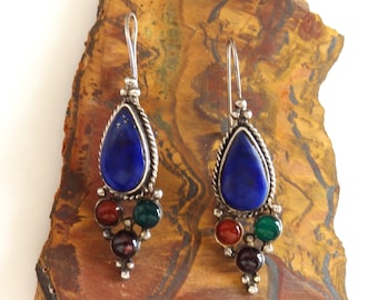 Sterling Silver Lapis and Multi-Gemstone French Wire Earrings, Signed