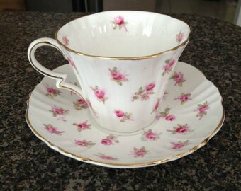 Royal Albert Teacup Cup Saucer White w Small Pink Roses, Vintage English Bone China Cup and Saucer, Rose Chintz Series