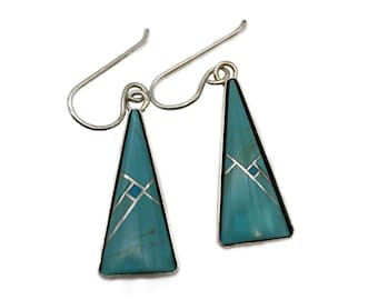 Zuni Sterling Silver Turquoise Channel Inlay Dangle Earrings