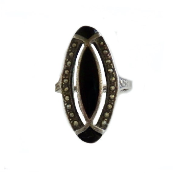 Sterling Silver Navette Black Onyx & Marcasite Ri… - image 2