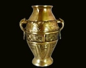 Vintage Chinese Cast Brass Vase With Phoenix Head Loose Ring Handles Classic Amphora Style Solid Cast Brass James Mont-style Vase