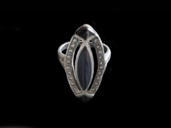 Sterling Silver Navette Black Onyx & Marcasite Ri… - image 3