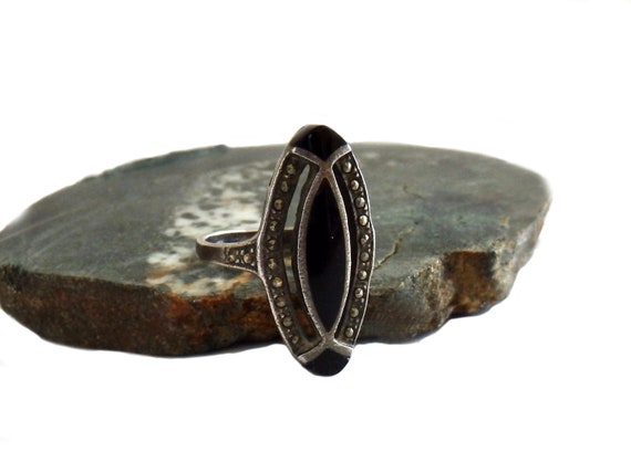 Sterling Silver Navette Black Onyx & Marcasite Ri… - image 1