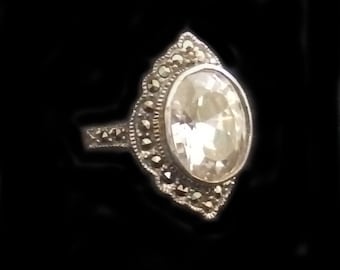 Cubic Zirconia Marcasite Sterling Silver Cocktail Ring, Size 6.5