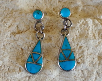 Zuni Sterling Silver Turquoise Inlay Dangle Earrings