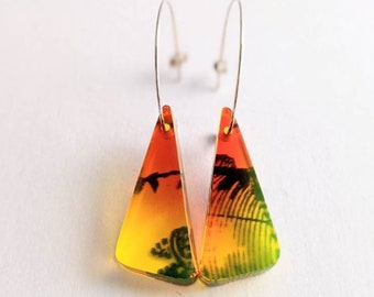 Triangle Perspex Earrings, Yellow red drops japan abbstract image Limited Edition