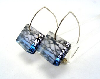 Black Silhouette Branches Earrings, Blue Spring Square Plexiglass Handmade Drops