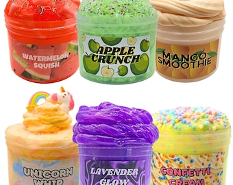 Paquete de 6 slime texturizados / 2/4/8 oz / Incluye 6 texturas diferentes: mantequilla, crema de nube, floam, bingsu, cubo de gelatina y slime transparente