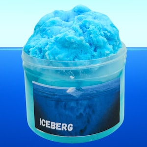 May include: A blue slime in a clear plastic container with a label that says "ICEBERG". The slime is shaped like an iceberg and is surrounded by a blue background.