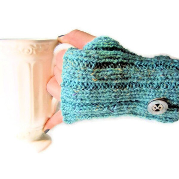 Ribbed Knit Fingerless Gloves in a Soft Teal