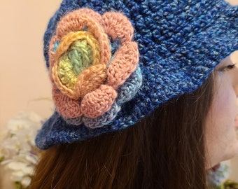 Blue Variegated  Hat with Removable Flower Pin