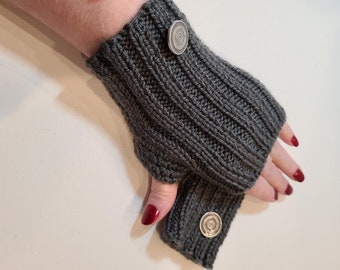 Gray Soft Ribbed Fingerless Gloves with Enamel Style Button in Taupe