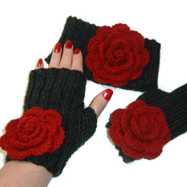 Red Rose Fingerless Gloves and Headband Set