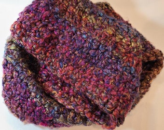 Variegated Crocheted Infinity Scarf in Magenta, Blue & Pumpkin with Gold Metalic Flecks
