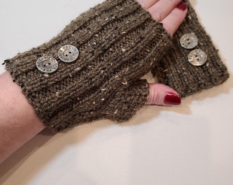 Brown Tweed Marled Fingerless Gloves