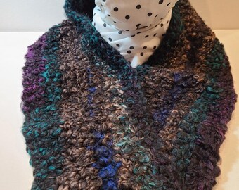 Crocheted Soft and Nubby Infinity Scarf Variegated Purple, Black, Emerald, Brown,Blue