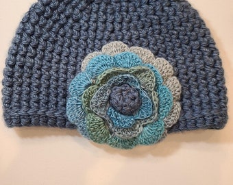 Country Blue Colored Hat Crocheted in Bulky Yarn and Embellished with a Large Rose