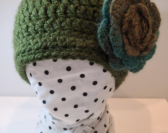 Pine Green Colored Hat Crocheted in Bulky Yarn and Embellished with a Removable Crochet Rose Pin