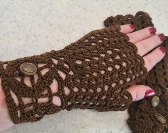 Cotton Fingerless Gloves in Brown With Faux Wood Button Closure