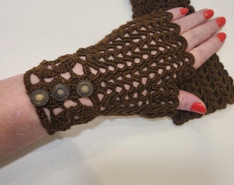 Cotton Fingerless Gloves in Brown With Button Closure