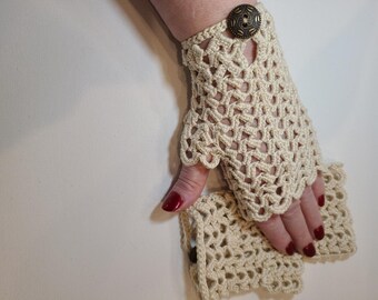 Dark Ecru Colored Lacy Fingerless Gauntlets with Antiqued Bronze Color Buttons