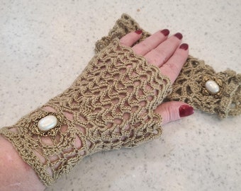 Lacy Fingerless Gloves in Dark Beige With Focal Faux Pearl Buttons