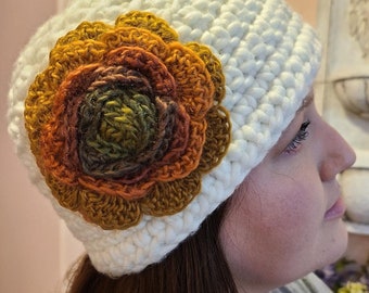 Off-White Bulky Yarn Crocheted Hat with a Crocheted Rose Feature