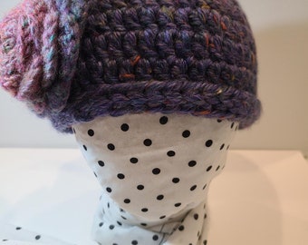 Winter Hat in Dark Periwinkle Variegated Yarn with Removeable Rose Pin