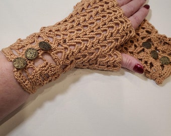 Cotton Fingerless Gloves in Latte Tan With Button Closure