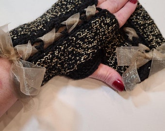 Corset Styled Fingerless Gloves in Marled Black and Gold Sheer Ribbon
