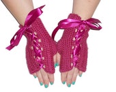 Lace Up Fingerless Gloves -Magenta Corset