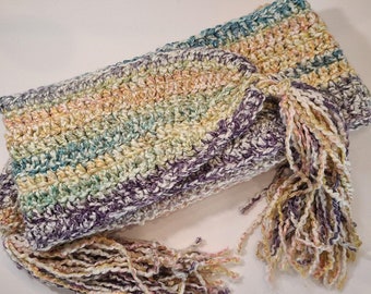 Crocheted Soft and Nubby Infinity Scarf Variegated Cream Purple Pink Aqua Teal