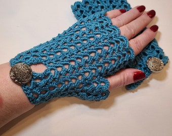 Dark Teal Colored Lacy Fingerless Gauntlets with Silver Filigree Buttons