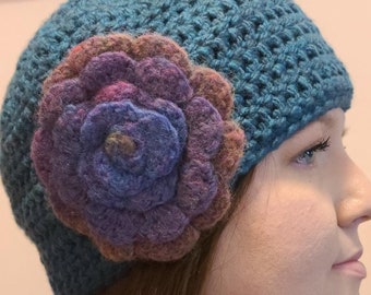 Marled Dark Teal Green and Gray Colored Hat Crocheted in Bulky Yarn and Embellished with a Removable Crochet Rose Pin