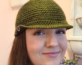 Pine Green Crocheted Cap with Slight Brim