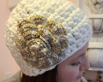 Crocheted Hat in Bulky Yarn in Off-White with a Crocheted Rose Feature