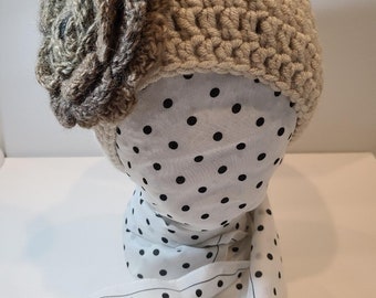 Beige Crochet Beanie Hat with Removable Flower Pin in Variegated Brown