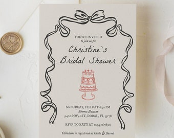 Bridal Shower Invitation Hand drawn Whimsical Bow Bridal Shower Bachelorette Invite Template Trendy Coquette Aesthetic Wedding Shower Invite