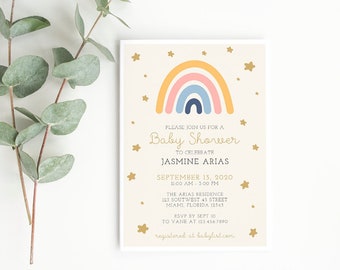 Boho Rainbow Baby Shower Invitation Modern Earthy Tones Rainbow Invite Rainbow Baby Sprinkle Card Muted Editable Bohemian Baby Shower