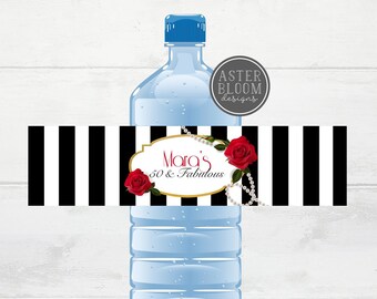 Rose Water Bottle Labels, 50th Birthday Party Labels, Red Rose Birthday Party, Red Black Wedding Waterbottle Labels, Printable Bottle Labels