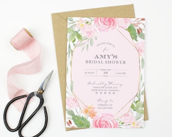 Pink Floral Bridal Shower Invitation Botanical Bridal Shower Garden Bridal Brunch Vintage Floral Bridal Tea Party Invite Pink Rose Card