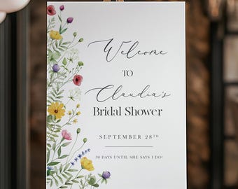 Wildflower Bridal Shower Welcome Sign Fall Floral Wedding Bride Entrance Poster, Bridal Brunch Board Template Garden Reception Printable