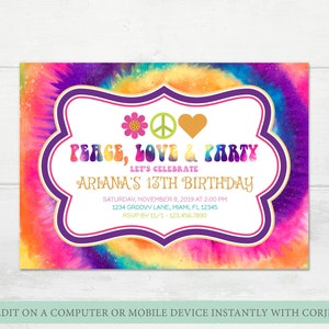 Tie Dye Birthday Party Invitation, Groovy Invitation Template, Hippie Birthday Party, Peace Love & Party Invite, Tween Rainbow Invitation image 1